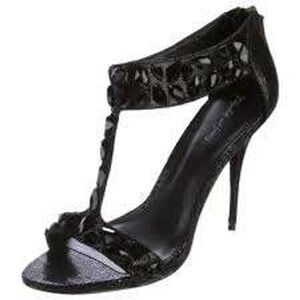 Glam Black Crystal Embellished Dark Romance  T-Strap Stiletto Heels Sandals 7.5B